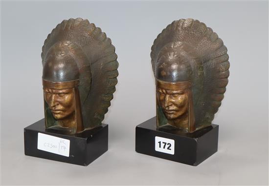 Georges Garreau (1852-1943). A pair of cold painted bronze American Indian bookends, signed height 19cm